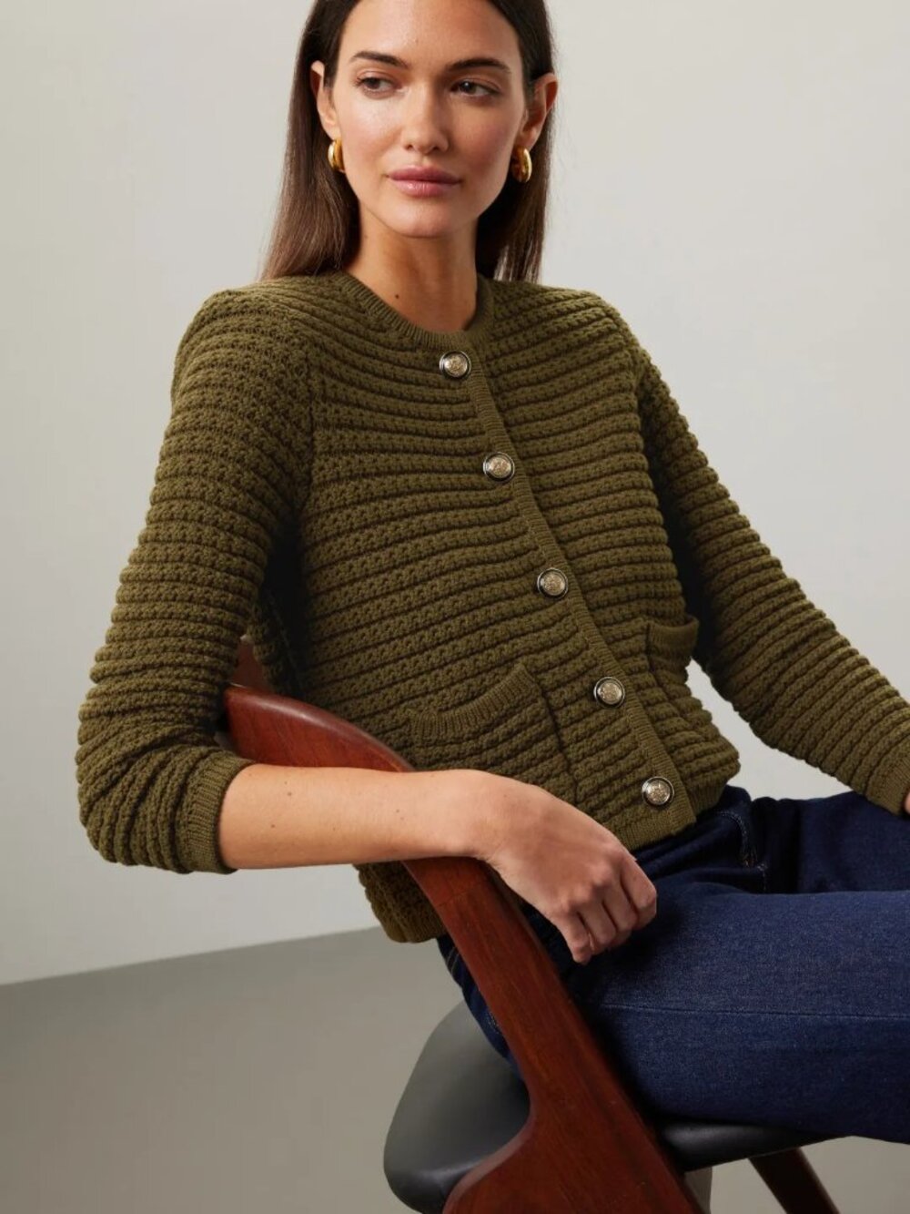 Olive ba&sh Gaspard Crewneck Cardigan Sweater Size Large